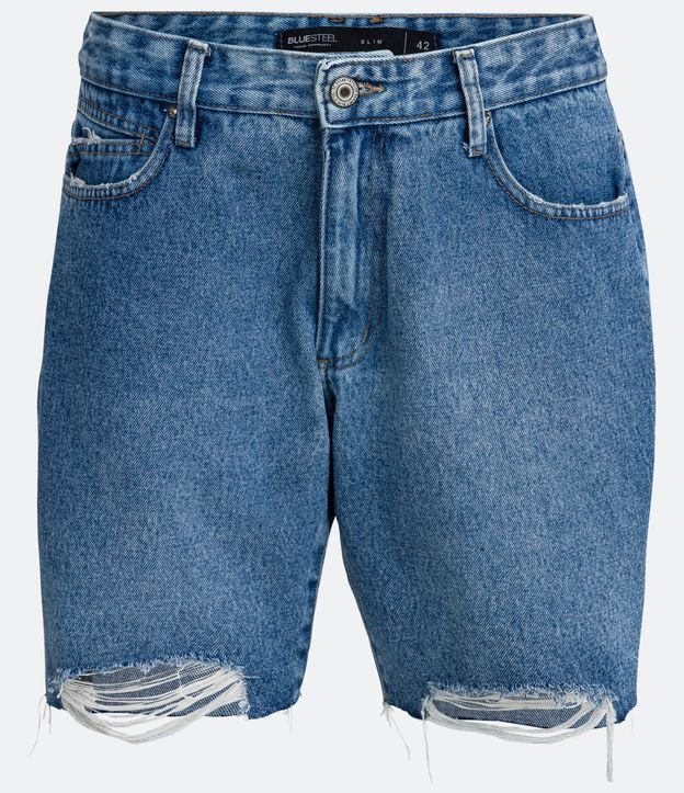 Bermuda Slim Jeans con Desgastes y Barra a Hilo Azul 5
