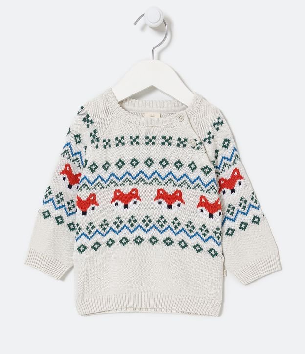 Blusão Infantil em Tricô com Estampa Geométrica e Raposinhas - Tam 0 a 18 meses