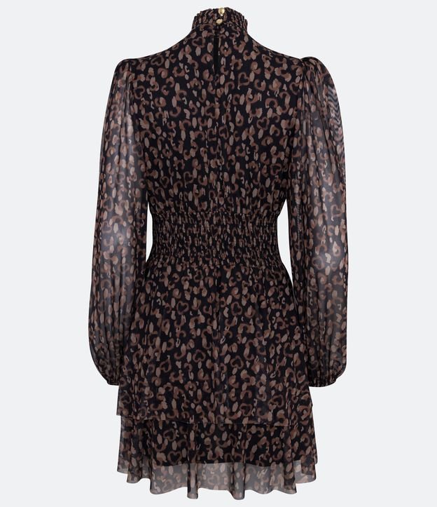 Vestido Corto en Tul con Manga Abullonada y Estampado Animal Print Jaguar Negro 7