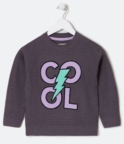 Blusão Infantil em Tricô com Bordado de Raio e Lettering Cool - Tam 5 a 14 Anos