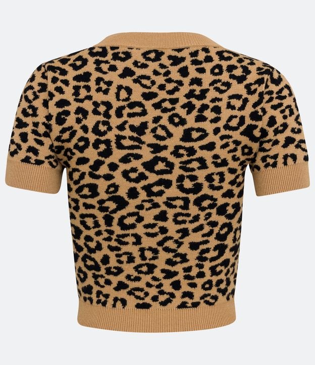 Blusa Cropped em Tricô com Estampa Animal Print Onça Colorida Marrom