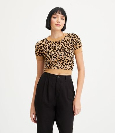 Blusa Cropped em Tricô com Manga Curta e Estampa Animal Print Onça Menor preço em Blusa Cropped em Tricô com Manga Curta e Estampa Animal Print Onça