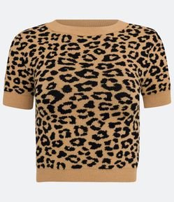 Blusa Cropped em Tricô com Manga Curta e Estampa Animal Print Onça