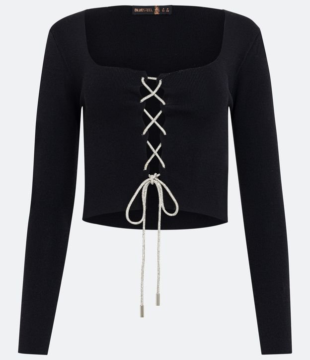 Blusa en Punto con Manga Larga y Lazo con Brillos Negro 5