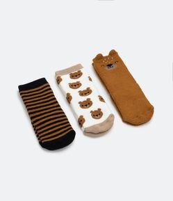 Kit 03 Pares de Meias Peluciadas com Estampa de Ursinhos - Tam 0 a 18 meses