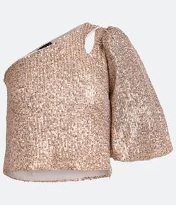Blusa Cropped em Malha de Paetê com Ombro Só