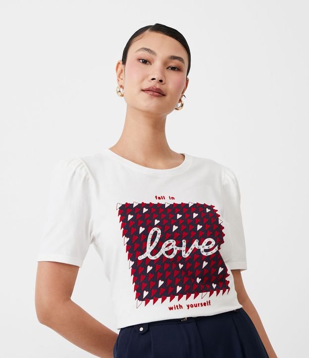 Camiseta Em Algodão Com Manga Bufante E Estampa Lettering Fall In Love