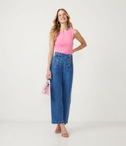 Calça Reta Jeans com Botões Frontais