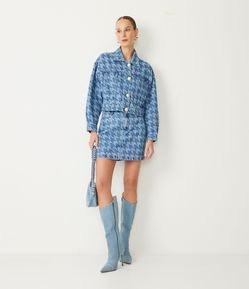 Saia Curta Jeans com Estampa Xadrez Pied de Poule
