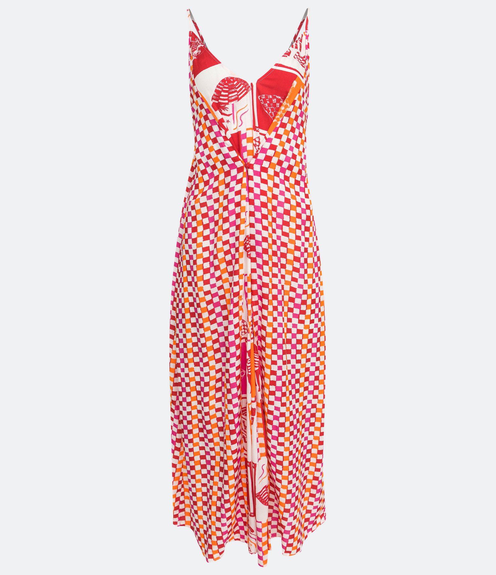 Saída de Praia Vestido em Viscose com Estampa Xadrez Vermelho 6