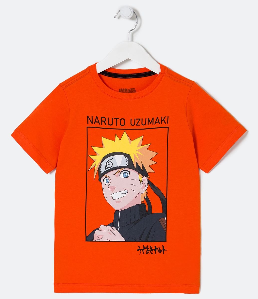 Camiseta Infantil Menino Naruto Estampa Frontal Sasuke Manga Curta Laranja