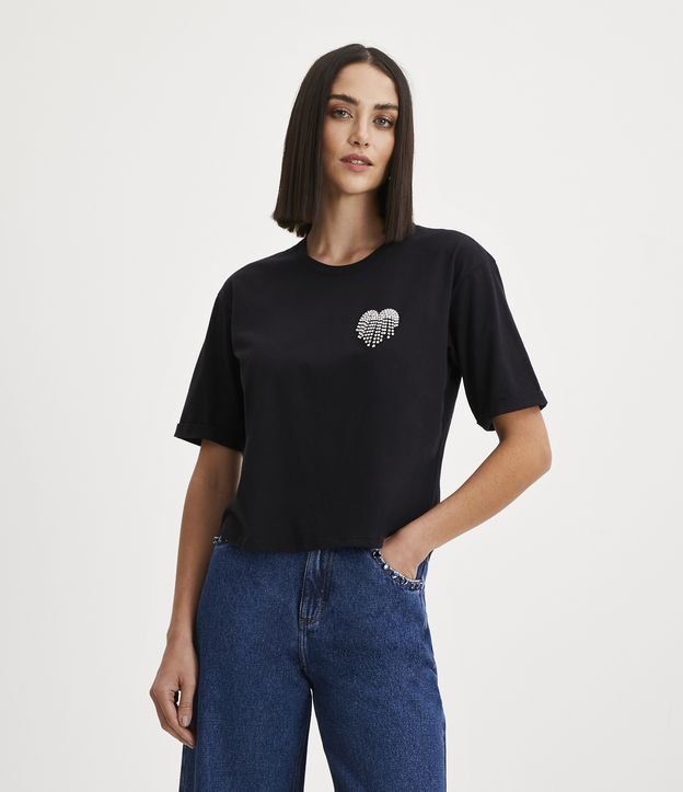Blusa em Algodão com Manga Dobrada e Coração de Strass Aplicado Preto 2