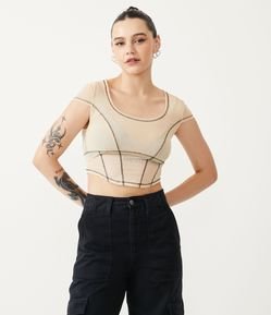 Blusa em Tule com Manga Curta e Pespontos Contrastantes
