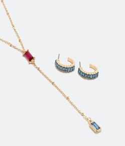 Conjunto Brinco e Colar Gravatinha em Metal com Strass Coloridos