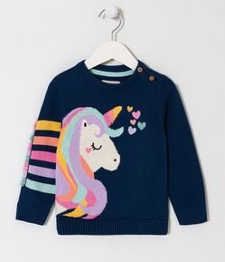 Blusão Infantil em Tricô com Estampa de Unicórnio - Tam 1 a 5  Anos