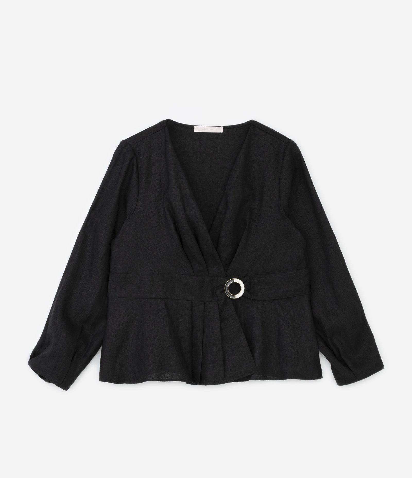 Blusa em Linho com Manga Longa e Detalhes Plissados Preto 1