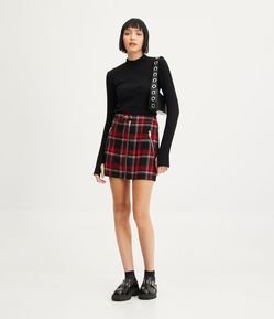 Saia Curta Alfaiataria com Cós Transpassado e Estampa Xadrez