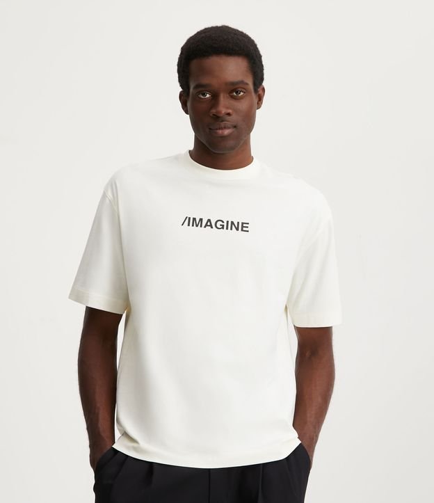 Camiseta Boxy em Algodão com Lettering Imagine Bege 1