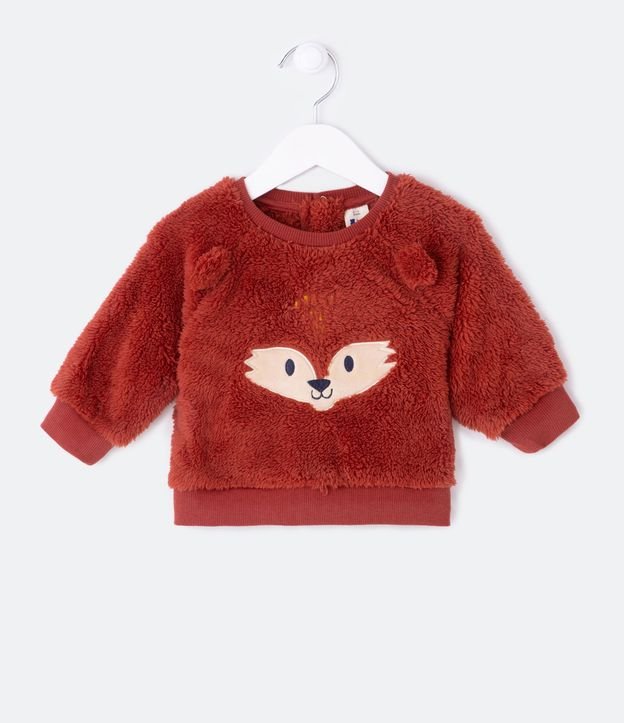 Blusão Infantil em Fleece com Bordado Carinha de Raposa - Tam 0 a 18 meses