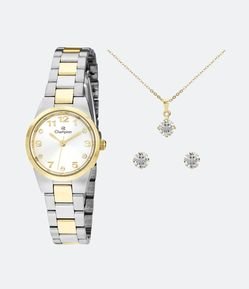 Kit Relógio Champion Analógico com Pulseira e Caixa em Aço CH26846B
