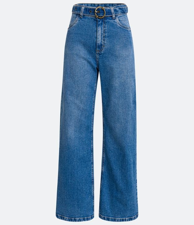 Pantalón Wide Leg Jeans con Cinturón Banda y Hebilla Azul 5
