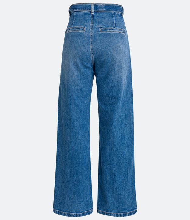 Pantalón Wide Leg Jeans con Cinturón Banda y Hebilla Azul 6