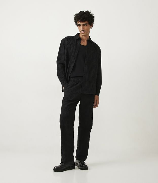 Calça Wide Leg em Algodão Xadrez com Textura