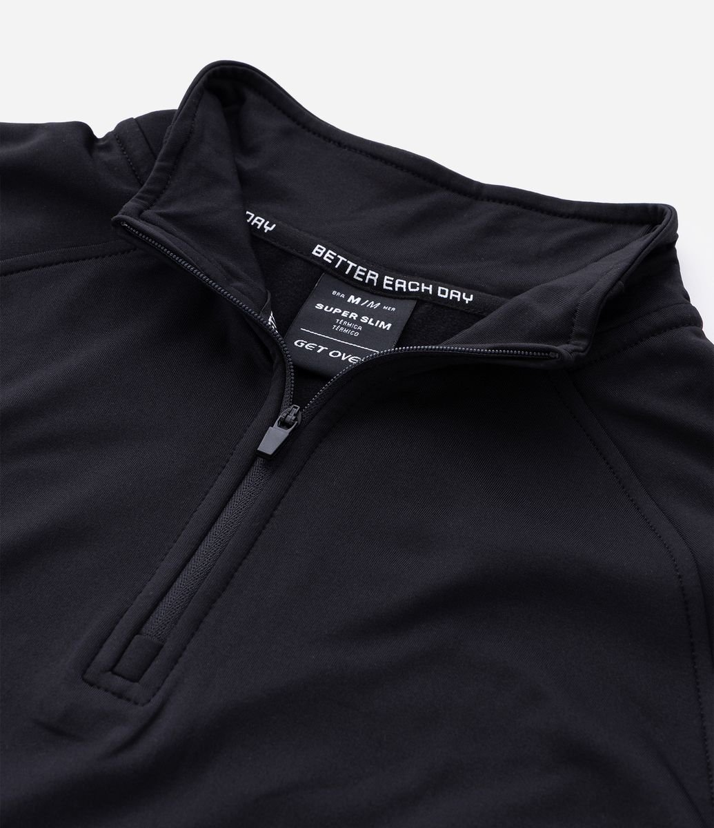 Camiseta Térmica Esportiva com Zíper na Gola e Recortes Preto