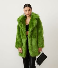 Casaco Alongado em Pelos com Gola Lapela e Pelinhos