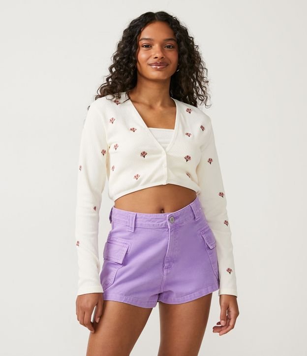 Cardigan Cropped en Poliamida con Estampado de Flores Beige 2