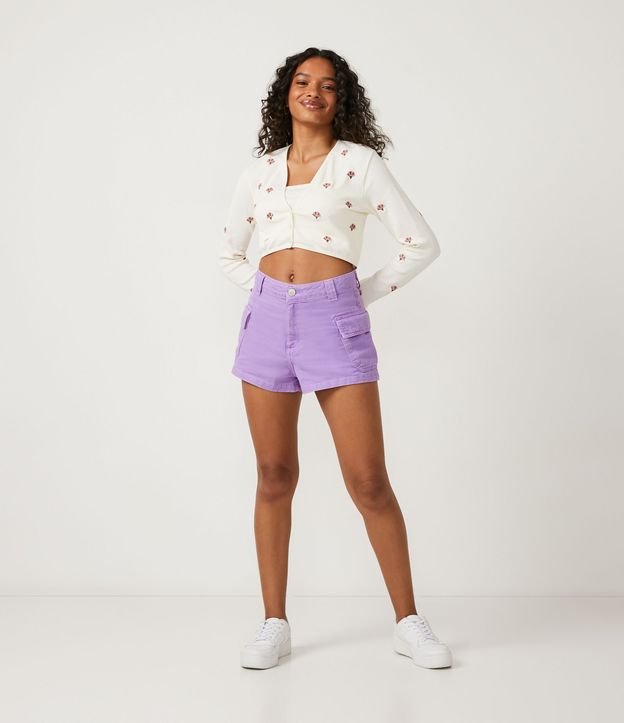 Cardigan Cropped en Poliamida con Estampado de Flores Beige 3