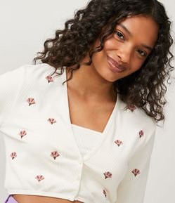 Cardigan Cropped em Poliamida com Estampa de Flores