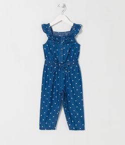 Macacão Longo Infantil Jeans com Babados e Estampa de Corações - Tam 1 a 5 Anos