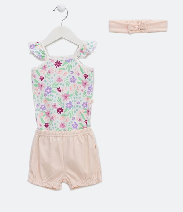 Conjunto Infantil com Babadinho nas Alças e Estampa Floral com Faixinha - Tam 0 a 18 meses
