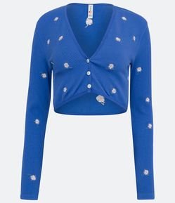 Cardigan Cropped em Poliamida com Bordados Florais