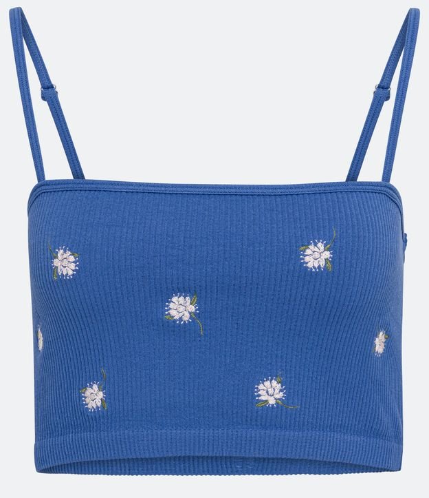 Blusa Cropped de Tirantes en Poliamida con Bordados Florales Azul 5