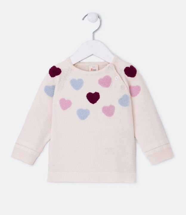 Blusão Infantil em Tricô com Bordado de Corações - Tam 0 a 18 meses Off White 1