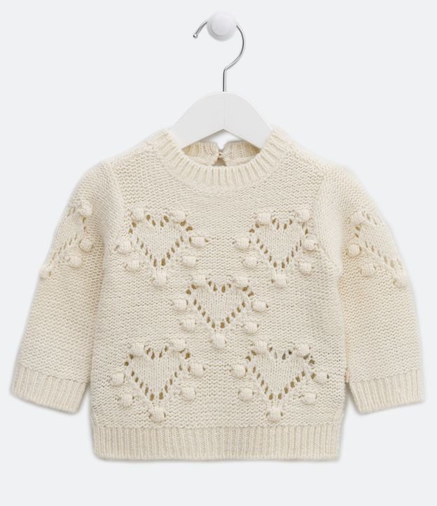 Blusão Infantil Acrílico com Corações e Mini Pompons - Tam 0 a 18 meses