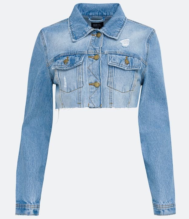 Jaqueta Cropped em Jeans com Bolsos e Barra a Fio Azul 7