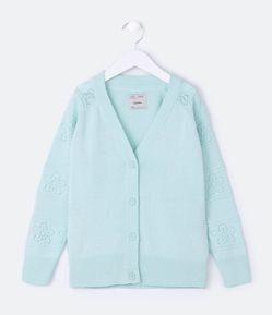 Cardigan Infantil em Tricô com Textura de Flores nas Mangas - Tam 5 a 14 Anos