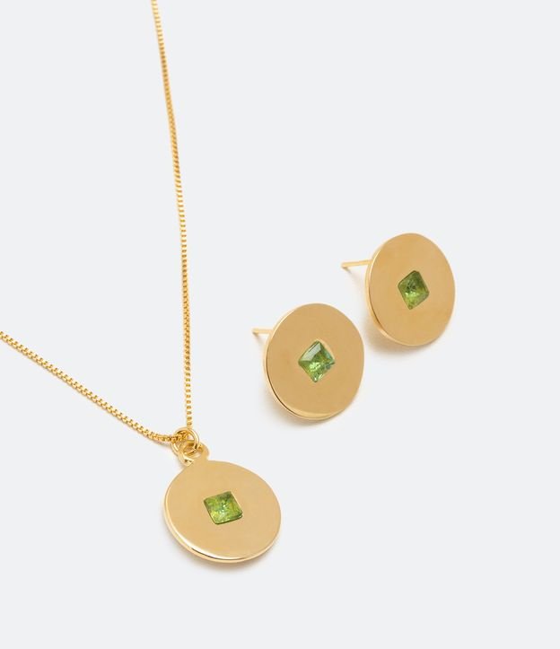 Conjunto Caravana y Collar en Metal con Placa Redonda y Zirconia Dorado 1