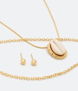 Conjunto Brinco e Colar Camadas em Metal com Pingente de Búzio