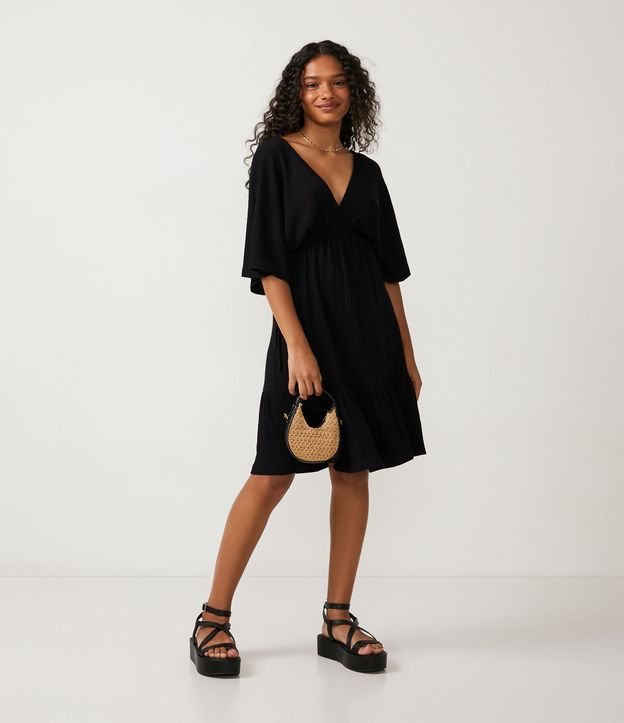 Vestido Corto en Viscosa con Manga Corta y Espalda Escotadas Negro 2