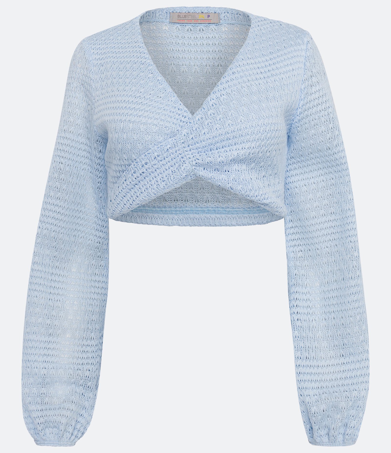 Blusa Cropped Texturizada com Manga Longa e Franzido no Busto Azul 5