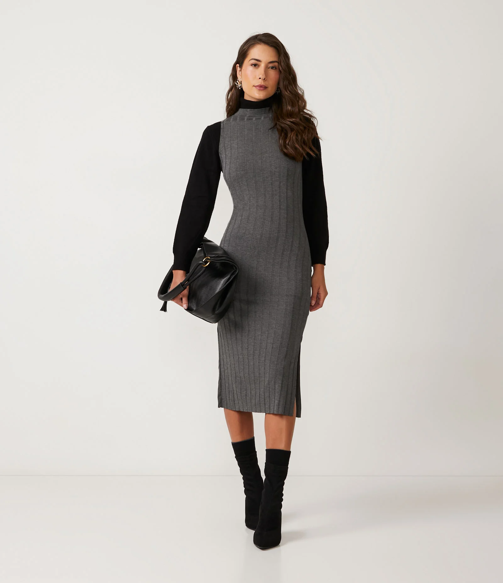 Vestido Midi em Viscose com Golinha Alta Básico e Canelado Cinza Escuro 1