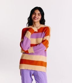 Blusão Suéter em Tricô Canelado com Listras Contrastantes