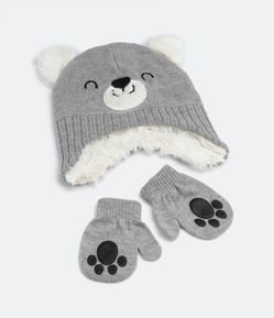 Conjunto Infantil Gorro e Luva com Orelhinhas e Cara de Urso - Tam 0 a 18 meses