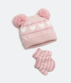 Kit Gorro e Luva Infantil com Orelhinhas de Pompom e Forro - Tam 0 a 18 meses