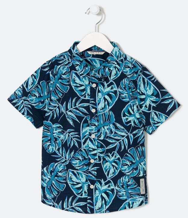 Camisa Infantil com Estampa de Folhagem e Etiqueta Decorativa - Tam 5 a 14 Anos - Cor: Azul - Tamanho: 5-6