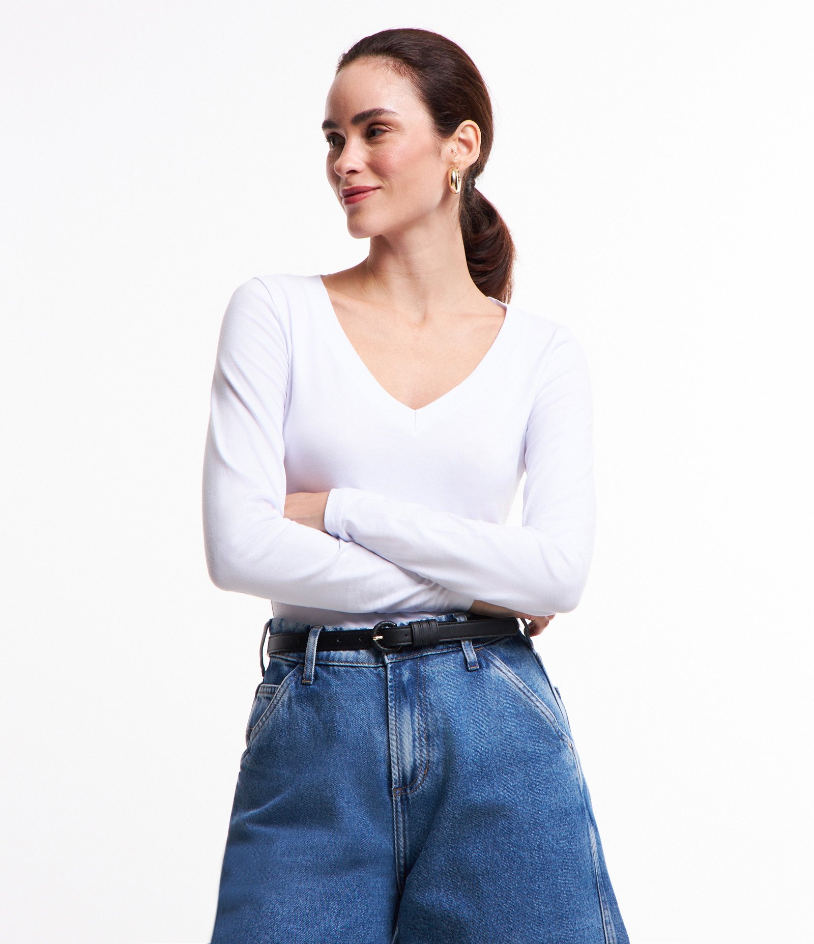 Blusa Básica em Meia Malha com Decote V Branco 1